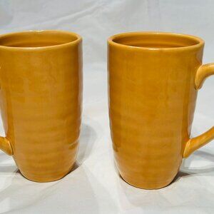 Extra Tall Ribbed Style Ceramic Mustard Color Coffee Tea Mugs